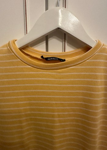 Addax Sarı Beyaz  Çizgili Kadın Kısa Kollu Tişört - Görsel 4