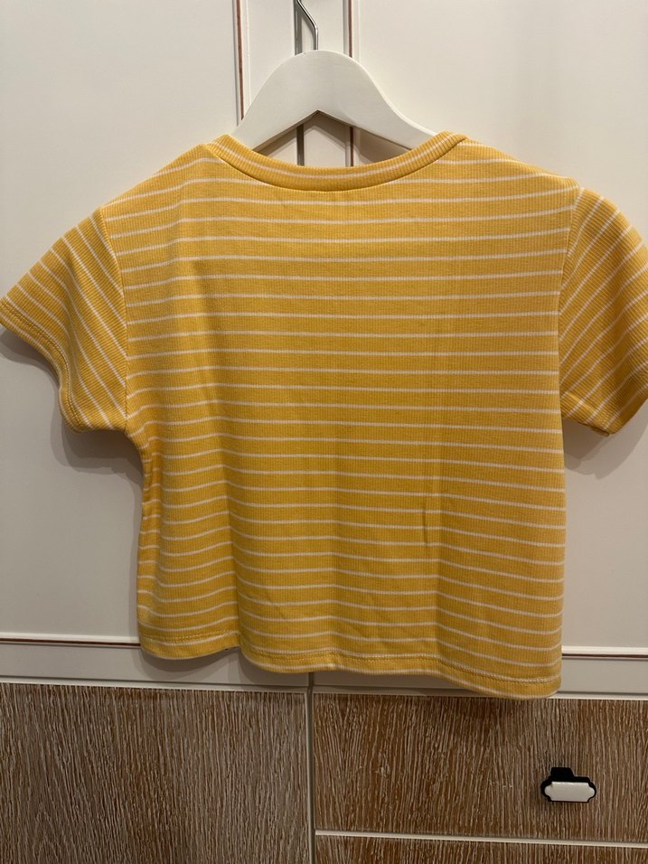 Addax Sarı Beyaz  Çizgili Kadın Kısa Kollu Tişört - Görsel 3