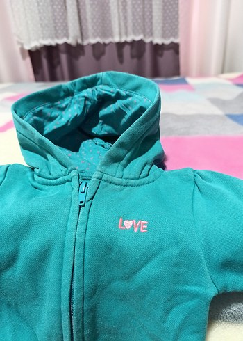 3-6 Ay Beden Kız Çocuk Turkuaz Kapüşonlu Fermuarlı Sweatshirt