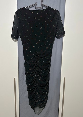 Siyah baskılı tül örme kısa kollu Elbise kare yaka - Görsel 3