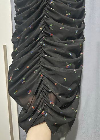 Siyah baskılı tül örme kısa kollu Elbise kare yaka - Görsel 6