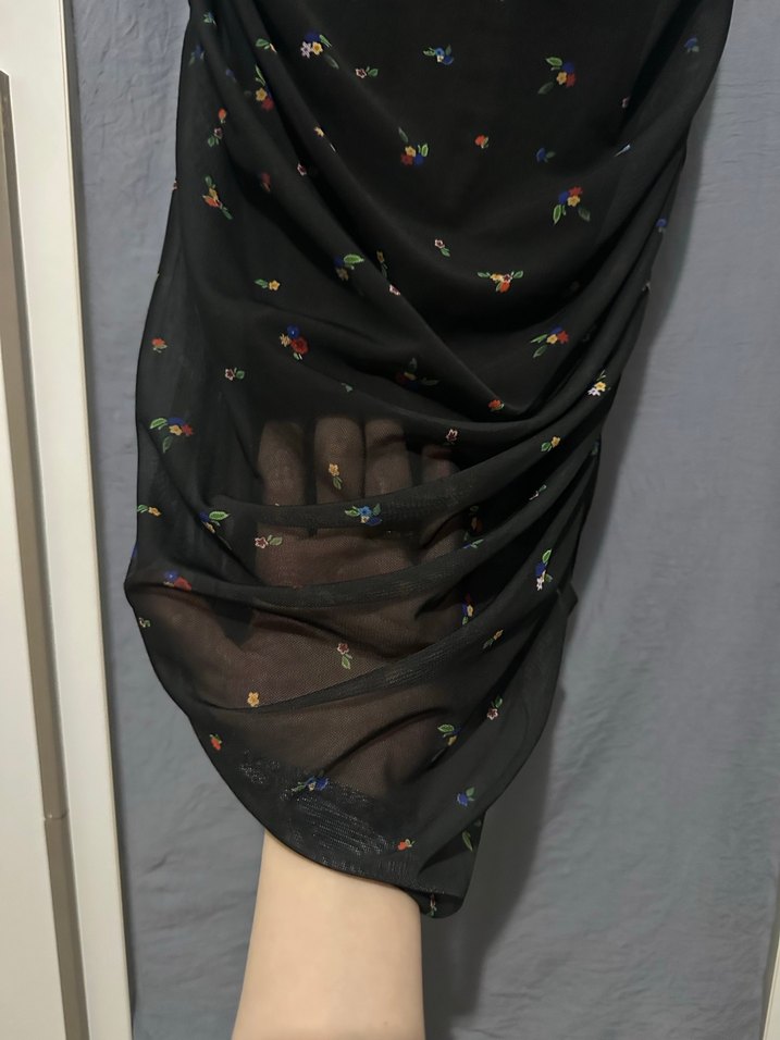 Siyah baskılı tül örme kısa kollu Elbise kare yaka - Görsel 5