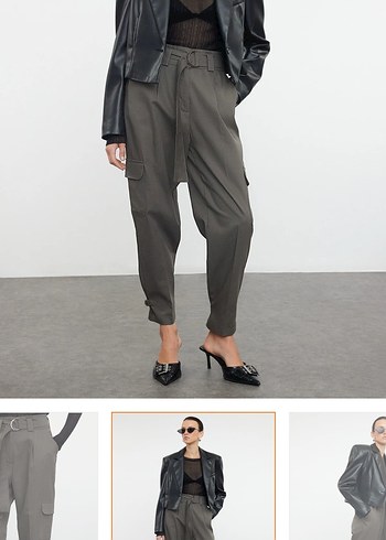 Kemerli Gri Kadın kargo dokuma kumaş Pantolon - Görsel 3