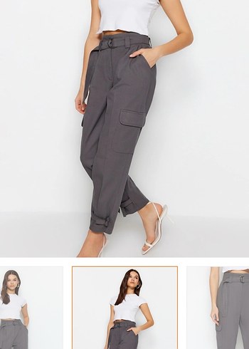 Kemerli Gri Kadın kargo dokuma kumaş Pantolon - Görsel 9