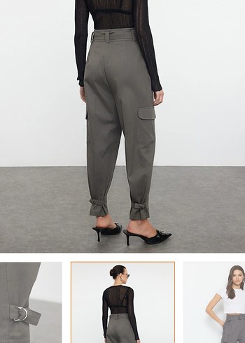 Kemerli Gri Kadın kargo dokuma kumaş Pantolon - Görsel 7