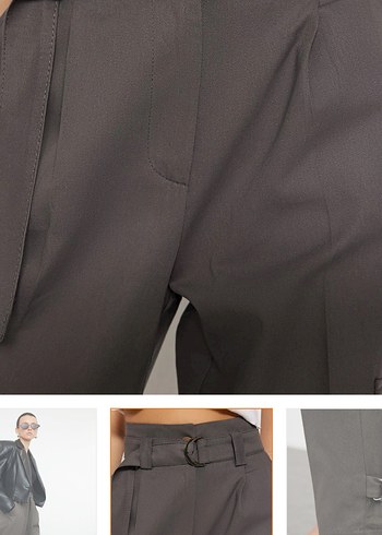 Kemerli Gri Kadın kargo dokuma kumaş Pantolon - Görsel 5