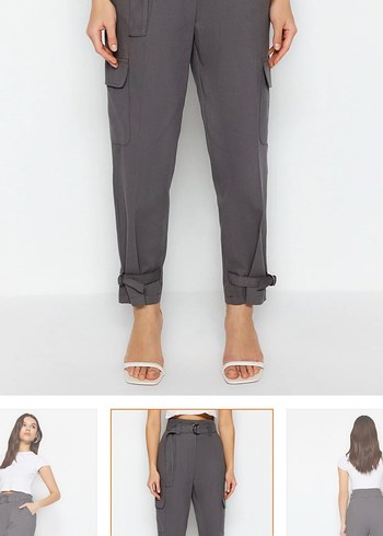 Kemerli Gri Kadın kargo dokuma kumaş Pantolon - Görsel 10