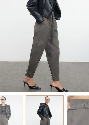 Kemerli Gri Kadın kargo dokuma kumaş Pantolon - Görsel 4