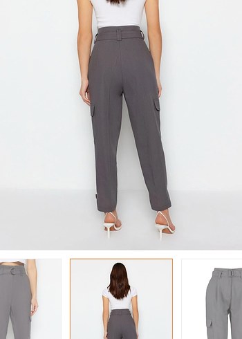 Kemerli Gri Kadın kargo dokuma kumaş Pantolon - Görsel 11