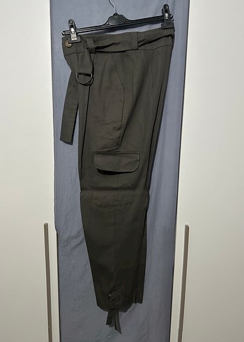 Kemerli Gri Kadın kargo dokuma kumaş Pantolon - Görsel 17