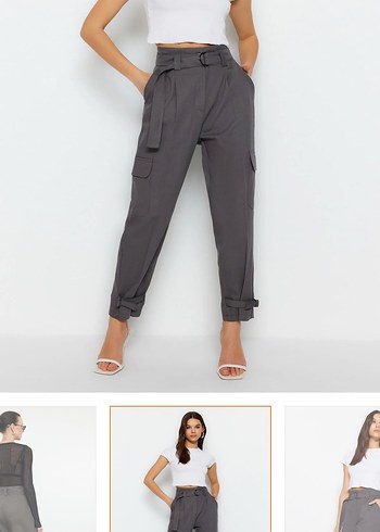 Kemerli Gri Kadın kargo dokuma kumaş Pantolon - Görsel 8