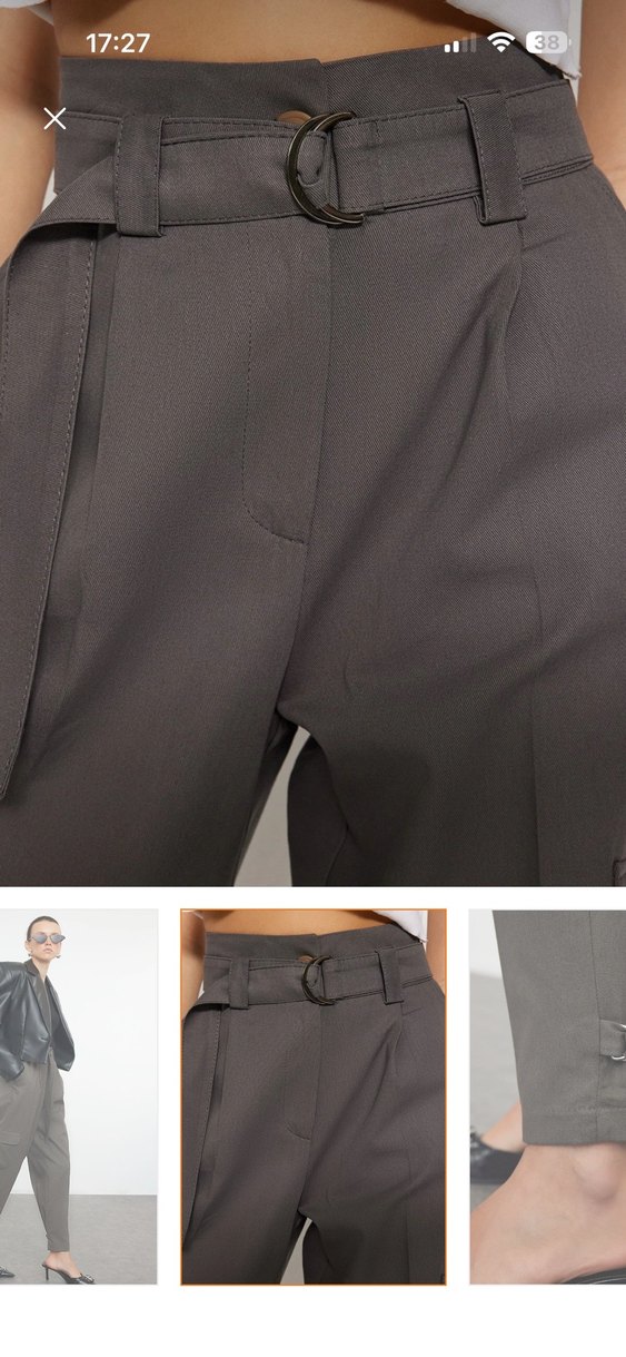 Kemerli Gri Kadın kargo dokuma kumaş Pantolon - Görsel 5