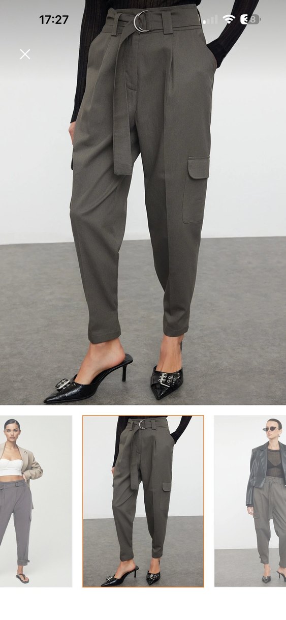 Kemerli Gri Kadın kargo dokuma kumaş Pantolon - Görsel 2
