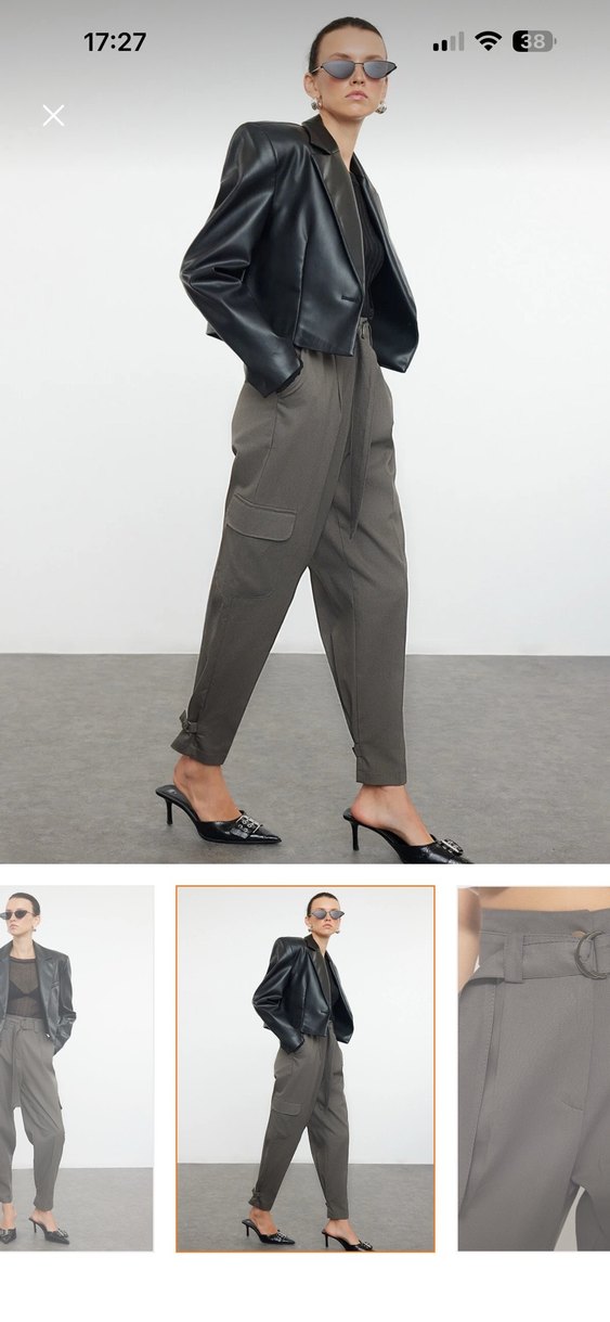 Kemerli Gri Kadın kargo dokuma kumaş Pantolon - Görsel 4