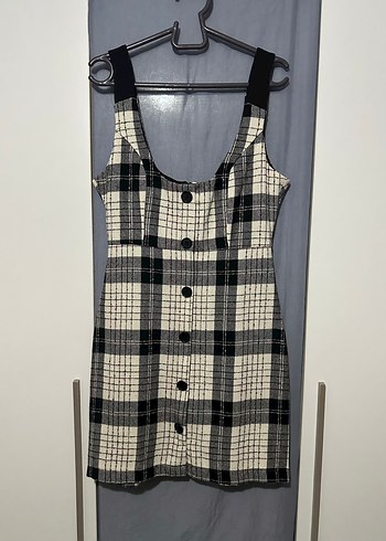 Çok renkli Düğmeli Ekoseli jile kareli Mini Elbise salopet - Görsel 2