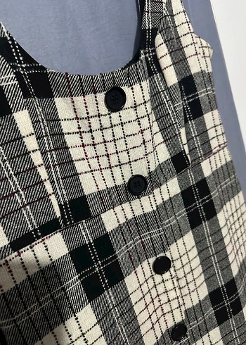 Çok renkli Düğmeli Ekoseli jile kareli Mini Elbise salopet - Görsel 3