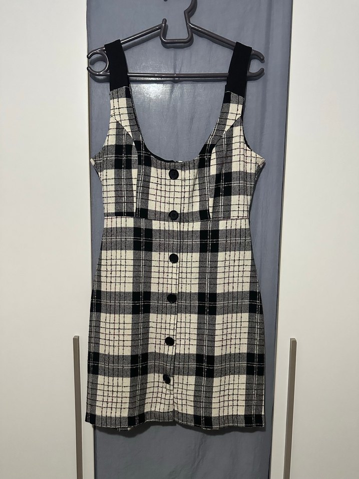 Çok renkli Düğmeli Ekoseli jile kareli Mini Elbise salopet - Görsel 2