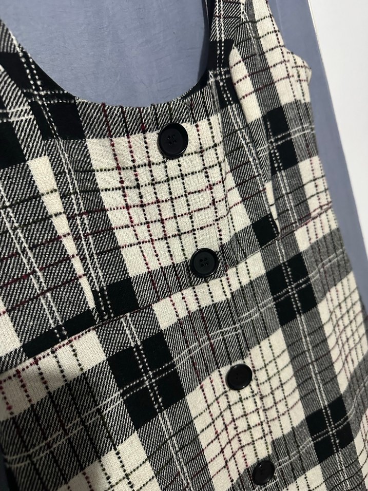 Çok renkli Düğmeli Ekoseli jile kareli Mini Elbise salopet - Görsel 3