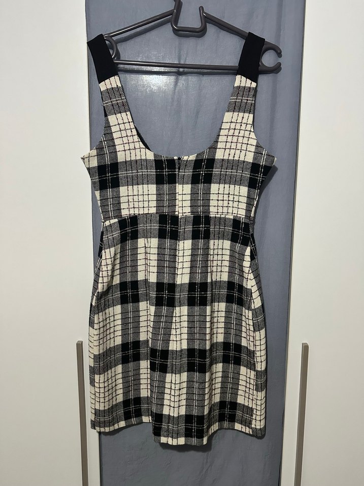 Çok renkli Düğmeli Ekoseli jile kareli Mini Elbise salopet - Görsel 4