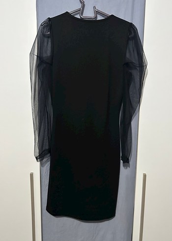 Siyah tül omuz kollu Mini Elbise - Görsel 3