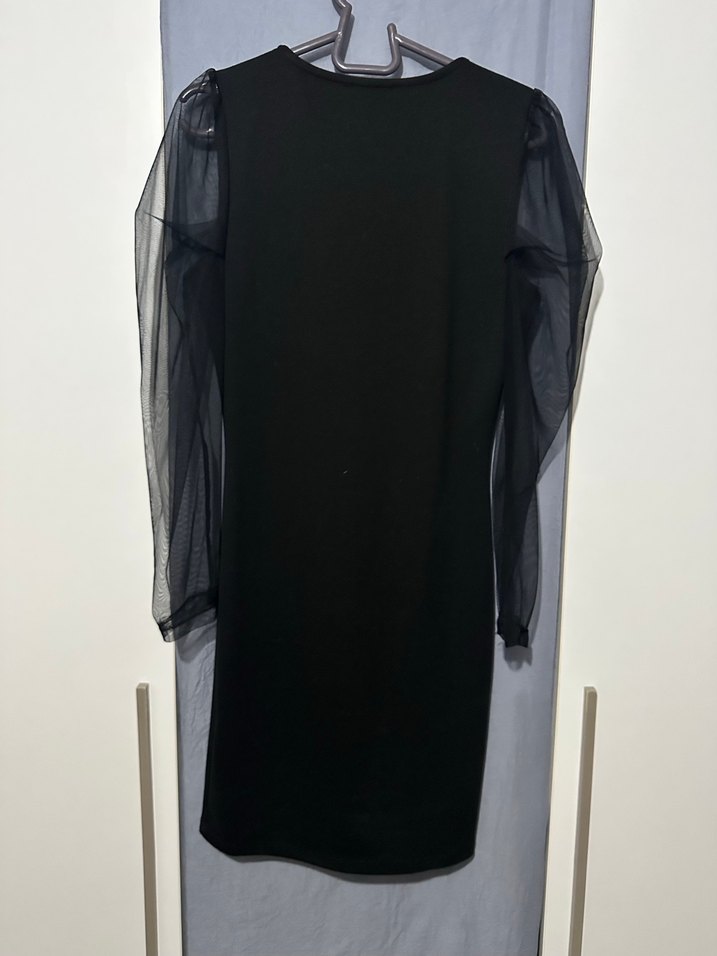 Siyah tül omuz kollu Mini Elbise - Görsel 3