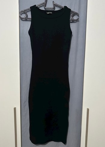 Siyah Yüksek Yakalı fitilli Kolsuz Kalem midi Elbise - Görsel 8