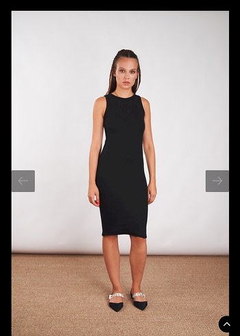 Siyah Yüksek Yakalı fitilli Kolsuz Kalem midi Elbise - Görsel 3