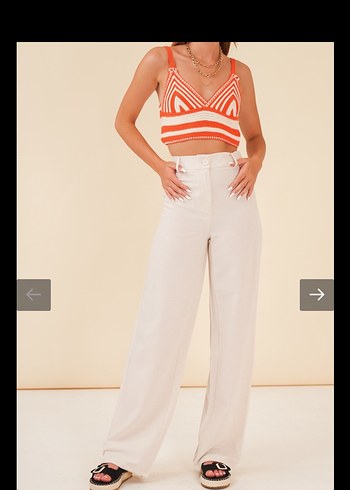 Kadın ekru keten yüksek bel bol paça pantolon - Görsel 4