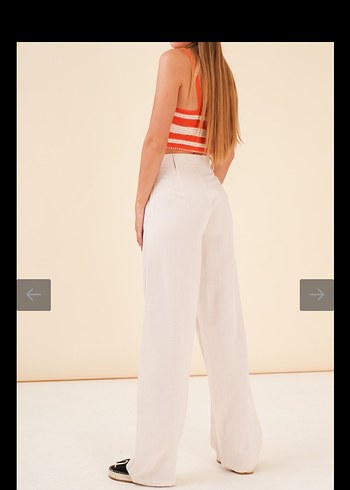 Kadın ekru keten yüksek bel bol paça pantolon - Görsel 2