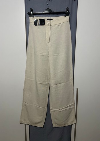 Kadın ekru keten yüksek bel bol paça pantolon - Görsel 5