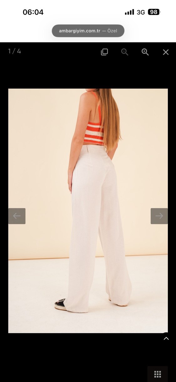 Kadın ekru keten yüksek bel bol paça pantolon - Görsel 2