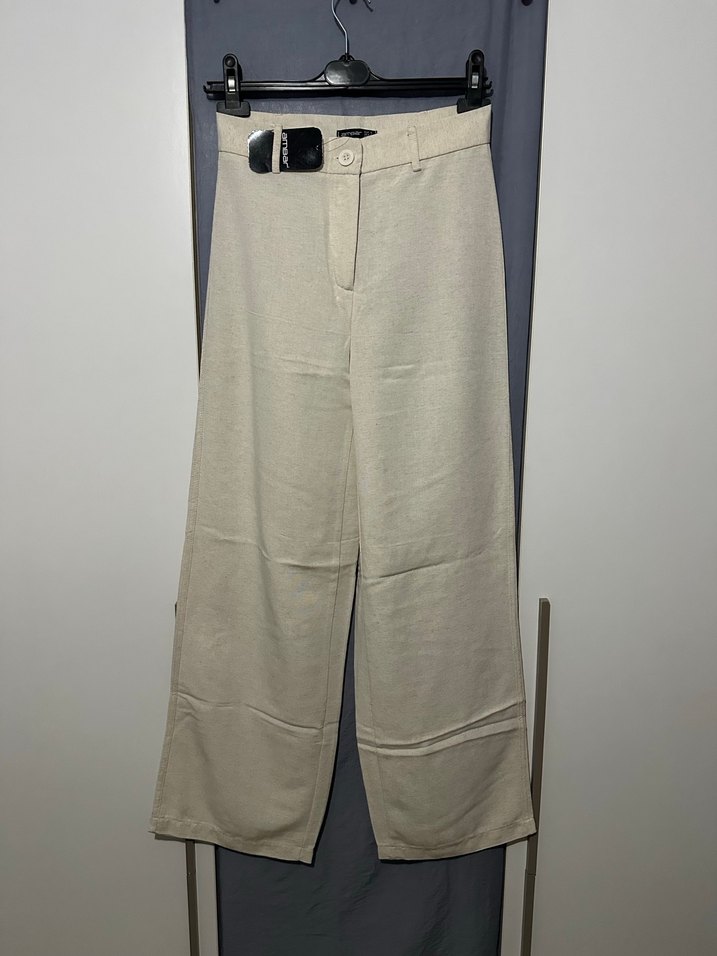 Kadın ekru keten yüksek bel bol paça pantolon - Görsel 5