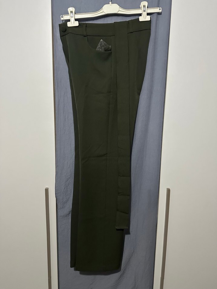 Koyu Haki Kemerli dokuma Kumaş Pantolon - Görsel 3