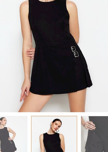 Siyah Mini şort etekli kemer deraylı dokuma tulum Elbise - Görsel 2