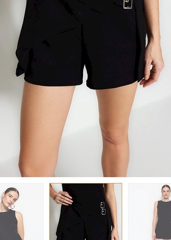 Siyah Mini şort etekli kemer deraylı dokuma tulum Elbise - Görsel 3