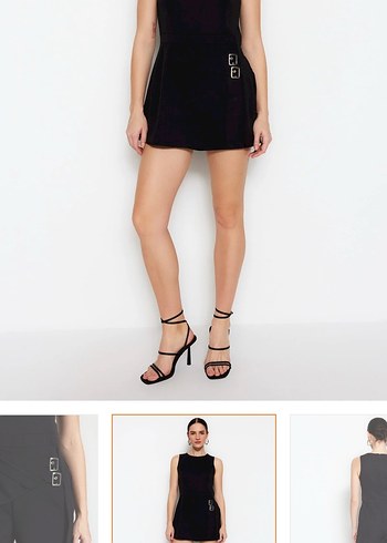 Siyah Mini şort etekli kemer deraylı dokuma tulum Elbise - Görsel 4