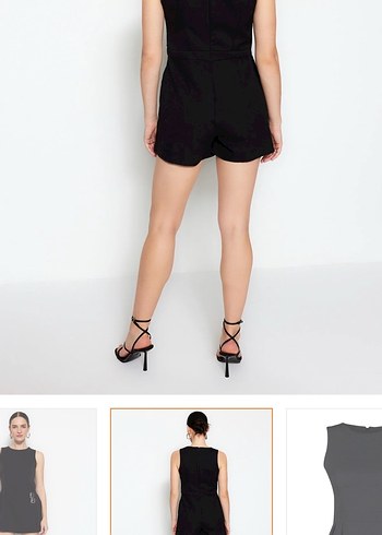 Siyah Mini şort etekli kemer deraylı dokuma tulum Elbise - Görsel 5