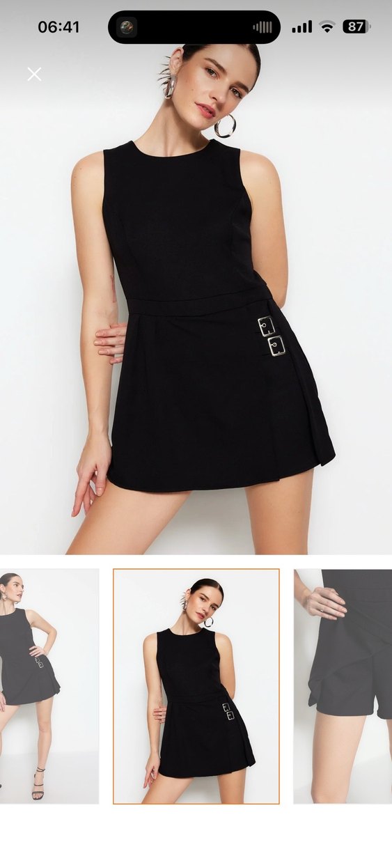 Siyah Mini şort etekli kemer deraylı dokuma tulum Elbise - Görsel 2