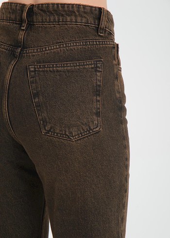 Düğmeli Koyu Kahverengi Kadın Denim Pantolon
