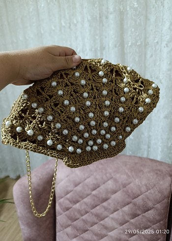 Boncuklu Nakışlı Bej Örgü Kadın Çanta