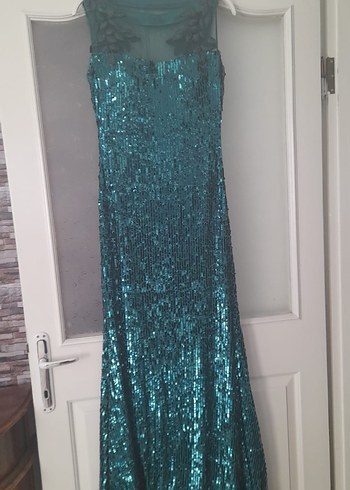 Alfabeta marka Parlak Turkuaz V Yaka Uzun Abiye Elbise - Görsel 3