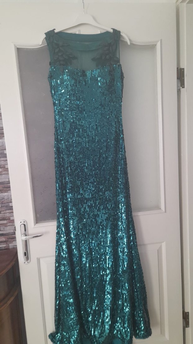 Alfabeta marka Parlak Turkuaz V Yaka Uzun Abiye Elbise - Görsel 3