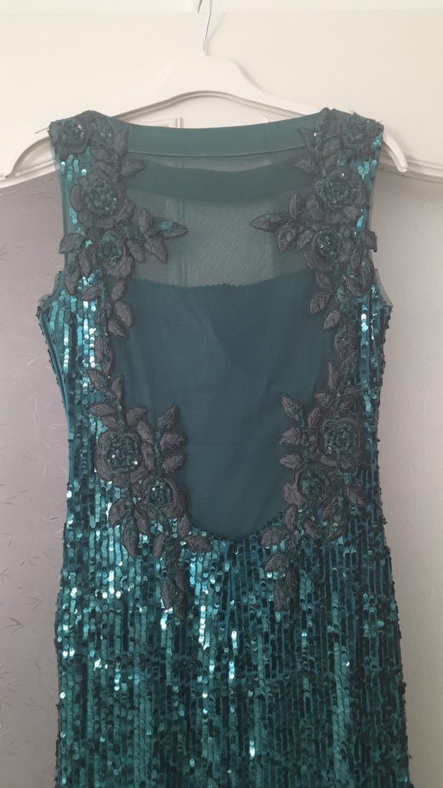 Alfabeta marka Parlak Turkuaz V Yaka Uzun Abiye Elbise - Görsel 4