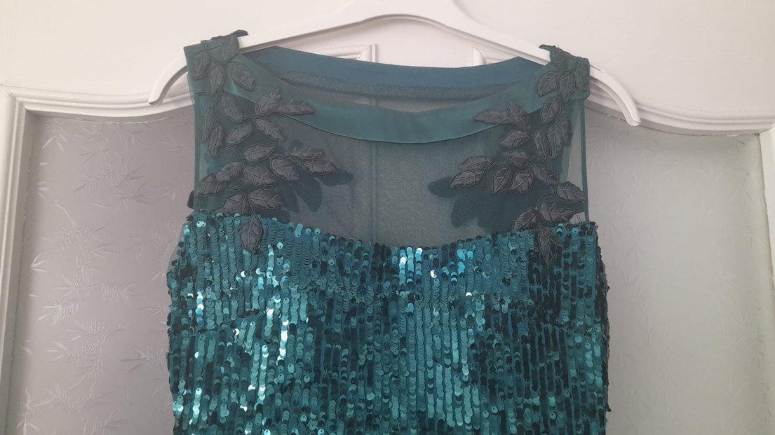 Alfabeta marka Parlak Turkuaz V Yaka Uzun Abiye Elbise - Görsel 2