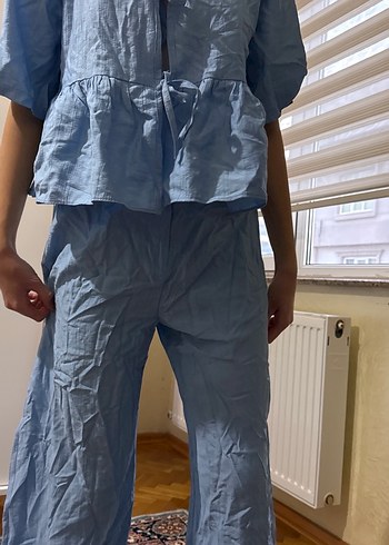 Mavi Keten Pilili Salaş Kadın Pantolon - Görsel 2