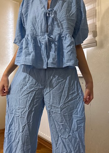 Mavi Keten Pilili Salaş Kadın Pantolon - Görsel 4