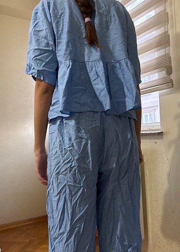 Mavi Keten Pilili Salaş Kadın Pantolon - Görsel 3