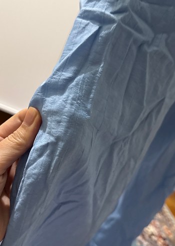 Mavi Keten Pilili Salaş Kadın Pantolon - Görsel 5