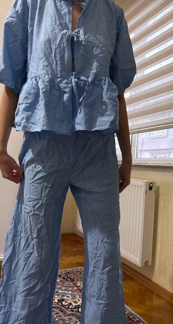 Mavi Keten Pilili Salaş Kadın Pantolon - Görsel 2