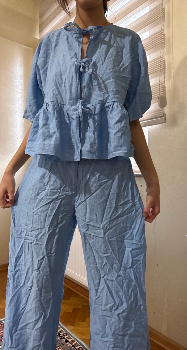 Mavi Keten Pilili Salaş Kadın Pantolon - Görsel 4